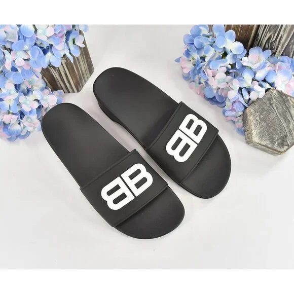 Balenciaga BB Black Rubber Wedge Slide Sandals Size 39 NIB